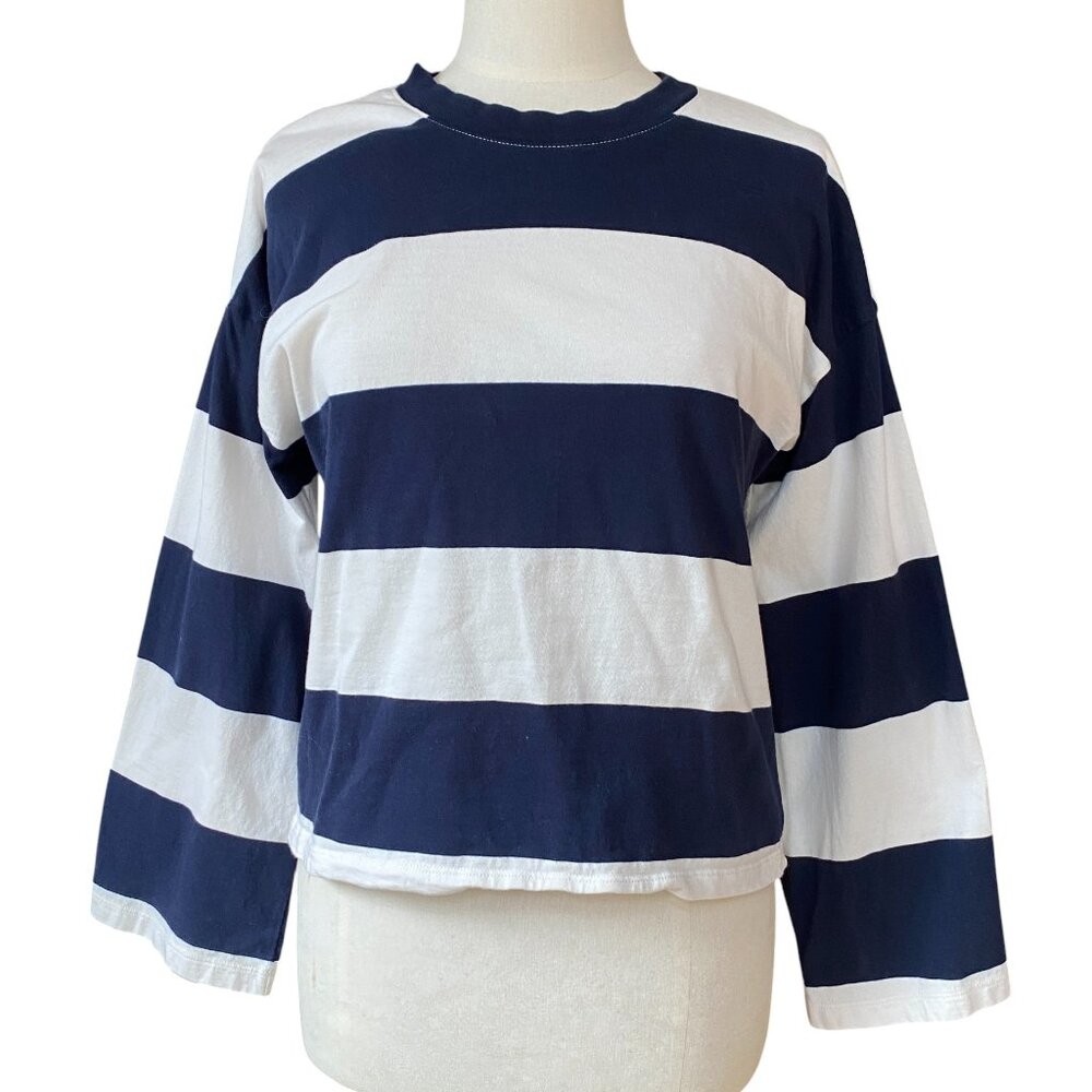Madewell Navy White Striped Long Sleeve Crop Top Sz M Wide Sleeve Nautical